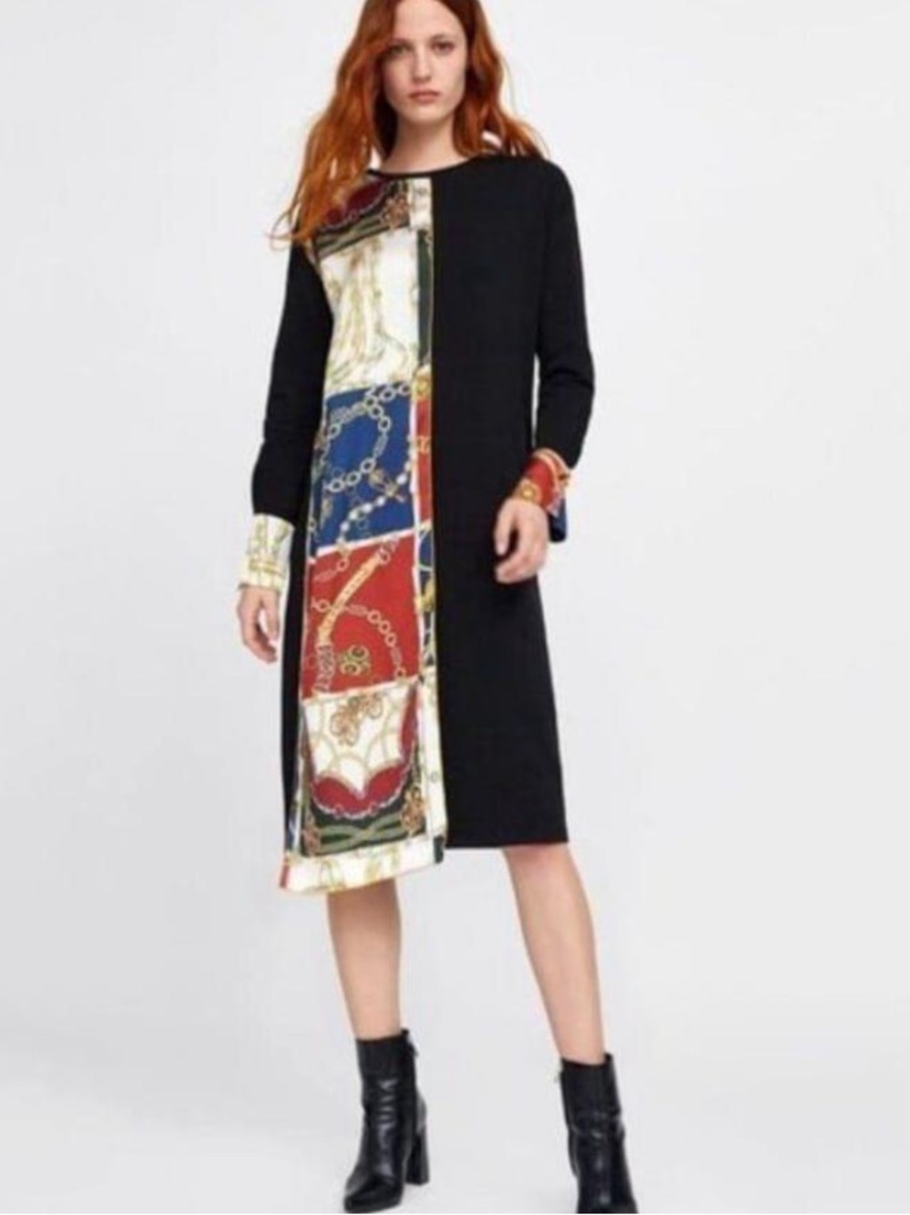 ZARA Chain Print Long Sleeve Accent Midi Dress. Size Large